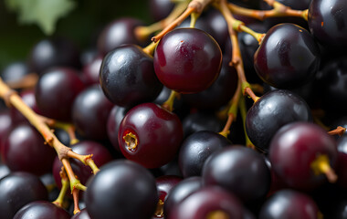 Fototapeta premium Blackcurrant photo showcasing ripe berries on delicate stems, ideal for product packaging, food blogs, recipe cards, and summer-themed designs