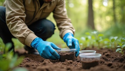 Pro environmental consultant analyzes soil samples in natural setting with plants. Wears protective gloves. Earth science professional takes dirt sample in forest. Eco adviser in park. Ground