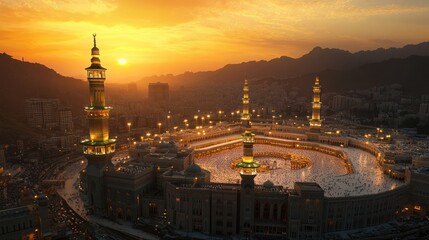 Serene Dawn over Mecca: A Panoramic View of the Grand Mosque and Devotees