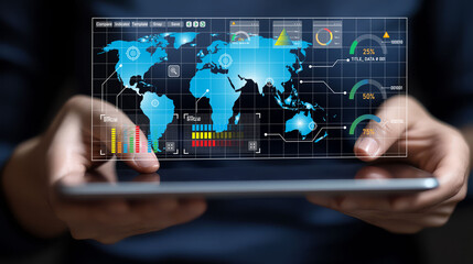Digital world map with data visualization on tablet screen, showcasing analytics and statistics in modern interface