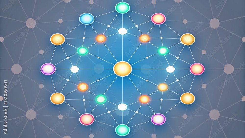 Poster an abstract network with connected nodes, illustrating data connection and digital transformation, v