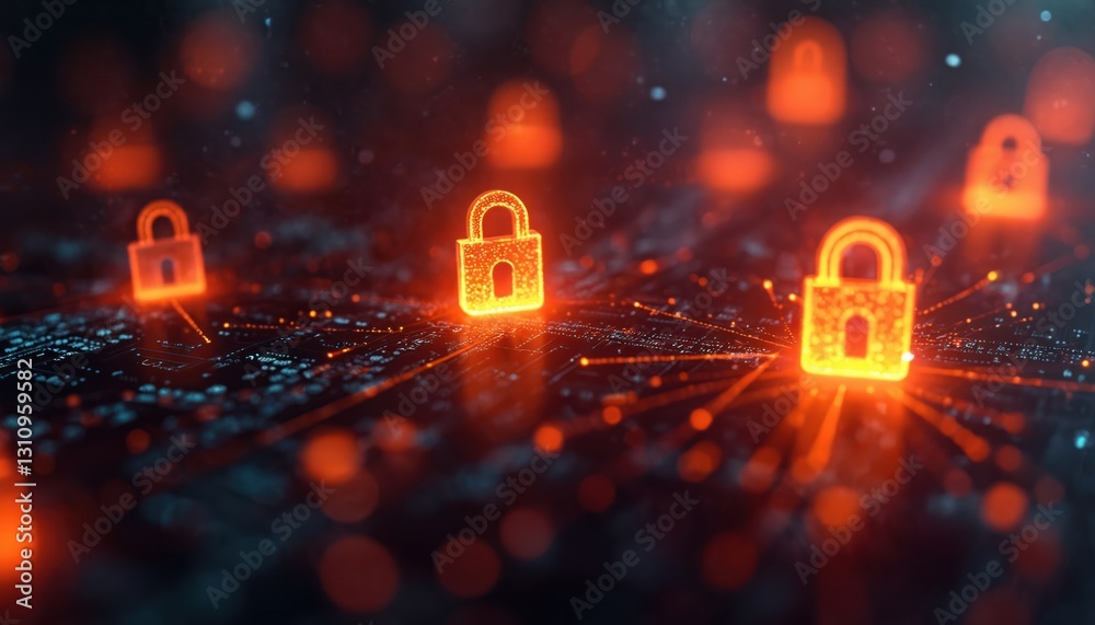 Poster glowing red padlock icons on circuit board represent brute force attack, password cracking, encrypti