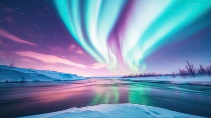 Aurora borealis northern lights idea. Stunning aurora borealis illuminating a serene winter landscape at dusk.