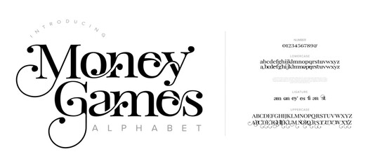 Moneygames Elegant Font Uppercase Lowercase And Number. Classic Lettering Minimal Fashion Designs. Typography modern serif fonts regular decorative vintage concept. vector illustration