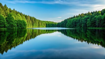 Obraz premium a serene lake with a perfect reflection of the surrounding green forest and blue sky on a sunny day