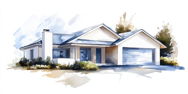 Charming watercolor rendering of a spacious house set in tranquil surroundings Generative AI