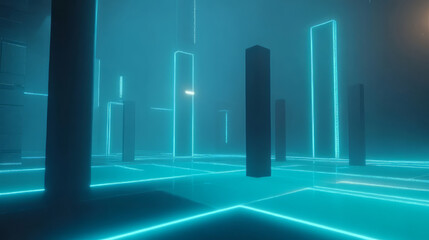 Futuristic digital corridor with glowing blue lines and tall pillars, creating surreal atmosphere