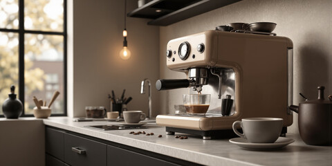 A mocha mousse-colored espresso machine with chrome accents sitting on a stylish countertop, surrounded by matching cups, saucers, and scattered