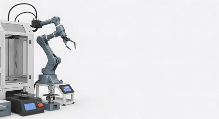 Fototapeta premium Industrial Robotic Arm in Manufacturing Composition with Precision Machinery on Plain White Background in PNG Style HD Minimal