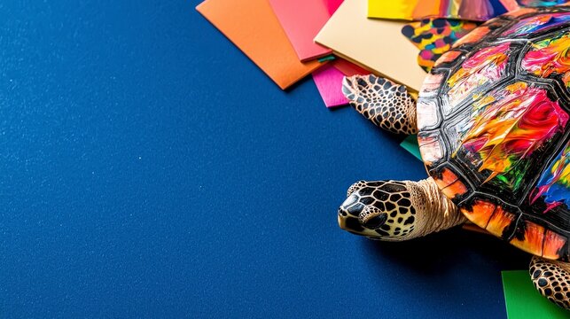 Colorful Turtle Shell  Paint Splash  Artistic Reptile  Creative Design  Blue Background