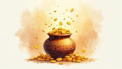 Watercolor illustration of pot with golden coins for Akshaya Tritiya festival. Hindu celebration wealth, prosperity. Traditional indian holiday background, banner greeting card for festive season.
