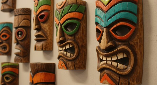 Collection of Carved Wooden Tiki Masks with Colorful Decorative Accents
