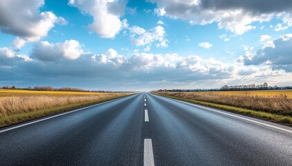 Naklejka premium Empty Highway Stretches Through Scenic Rural Landscape