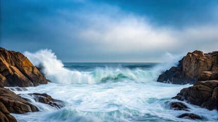Fototapeta premium the powerful ocean waves crashing against the rugged coastal rocks under a cloudy sky. The scene captures the raw force of nature with water