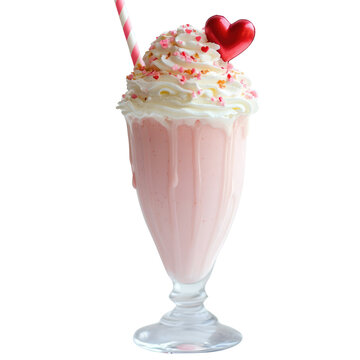 Delightful pink milkshake topped with whipped cream and heart-shaped sprinkles, served in a classic glass with a striped straw, perfect for romantic occasions and celebrations