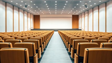 an empty auditorium, rows of seats facing a stage, illuminated by overhead lights