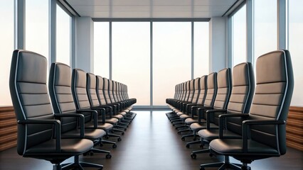 an empty modern conference room with rows of chairs facing a large window. It's a professional setting, inviting discussion, decision-making