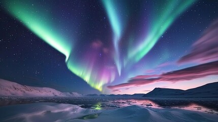 Aurora borealis northern lights idea. Breathtaking view of the northern lights illuminating a serene winter landscape.