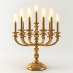 Elegant golden menorah with nine lit candles, radiating warmth and tradition.