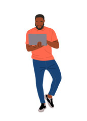 Black man working at laptop. African american guy in casual clothes standing, looking at computer. Vector realistic illustration isolated 