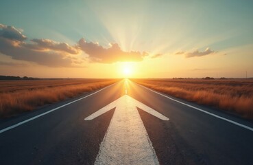 Straight road with arrow painted on asphalt leading to golden horizon under sun. Path, direction, success, achievement, perspective, future opportunities. Business personal growth concept. Motivation