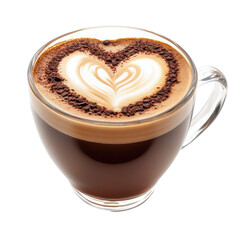 Delightful Heart-Shaped Latte Art in a Clear Coffee Cup Displaying a Rich Brown Beverage Topped with Cocoa Powder and Cream for a Cozy Café Experience