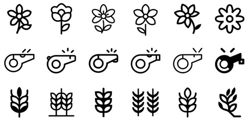 "Wildflower, Whistle, and Wheat Icon Set – Elegant Vector Symbols"