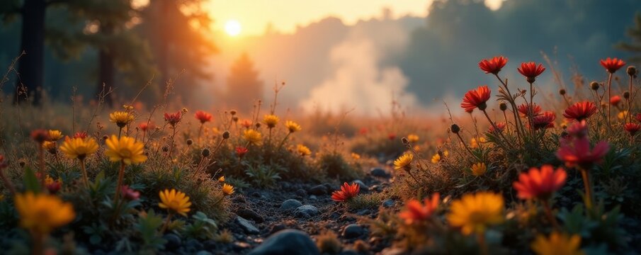 Burning underbrush and wildflowers with a golden glow amidst the ash , flames, nature