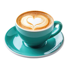 Delightful Close-Up of a Creamy Coffee Cup with Heart-Shaped Latte Art in a Bright Turquoise Mug on a Matching Saucer, Perfect for Coffee Lovers and Aesthetic Photography
