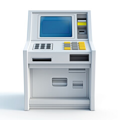 A sleek, modern ATM machine featuring a bright blue screen and colorful buttons.