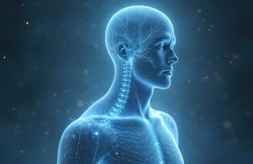 Silhouette of man with visible neural connections over the body in blue light. Spiritual, mental power, intellect, concentration, dreaming and meditation for mental health and astral aethereal travel.