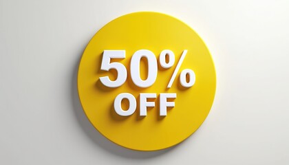 Bright yellow circle discount sign displaying fifty percent off promotional offer sales. Draws attention to attractive deals, discounts for clients, shoppers during seasonal marketing sales campaigns.