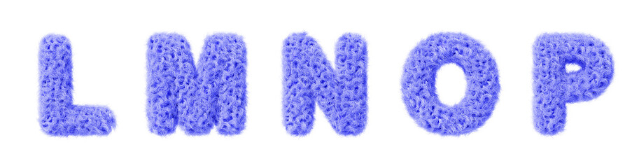 3d blue fur font, fluffy alphabet letters l, m, n, o, p render. Furry english letters with hair texture for fun education kids. Soft fuzzy curly wavy text isolated on white background. 3D illustration