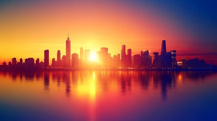 Fototapeta premium A vibrant city skyline at sunset, reflecting colors on calm water.