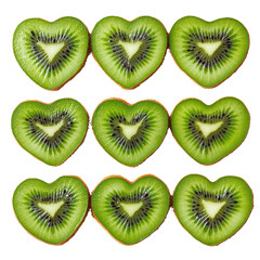 Fototapeta premium Heart-Shaped Slices of Fresh Kiwi Arranged in a Symmetrical Pattern on a White Background, Ideal for Healthy Eating Concepts and Natural Food Promotions