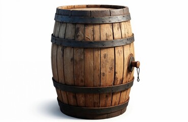 Obraz premium Weathered wooden barrel for aging wine, whiskey, rum, spirits. Rustic container isolated on white backdrop. Oak timber material, vinification process. Full cylinder used in distillery, winery, cellar.