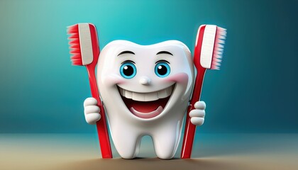 A cartoon tooth character grinning and holding a vibrant red toothbrush, promoting dental care and oral hygiene. Fun and engaging, perfect for health, kids’ dental products, or dental education.
