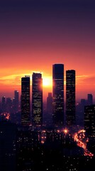 Fototapeta premium A city skyline at sunset with towering buildings illuminated by city lights.