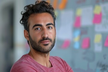 Obraz premium A contemplative Middle-Eastern man with curly hair, dressed in a casual red shirt, poses against a vibrant backdrop of colorful sticky notes.