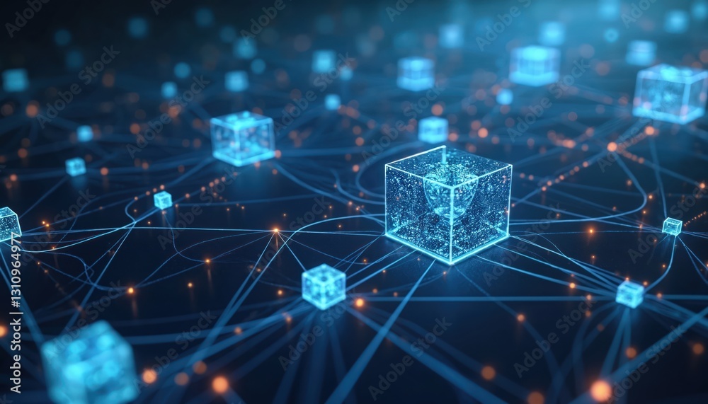 Aufkleber Illustration of innovative blockchain consortium for secure transactions. Blue digital tech abstract background with network design, datum computer business in futuristic cyberspace, information web.