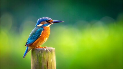 Vibrant Kingfisher Perched on a Wooden Post Against a Lush Green Background