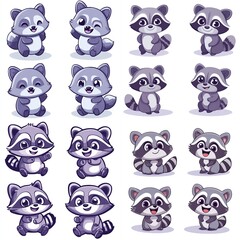 Sixteen adorable cartoon raccoons in various poses.