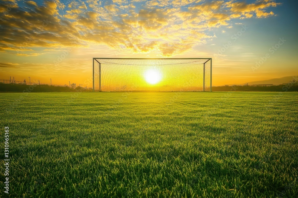 Poster wide angle view of a soccer field at sunrise with golden sunlight illuminating the grass and shadows