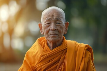 An elderly Asian male monk in a bright orange robe gazes serenely at the camera, embodying peace and wisdom amidst a lush background.