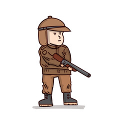 Hunter with a gun in winter clothes. Cartoon.