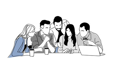 Multinational Teamwork business concept illustration. Business scenes with men and women working together. Modern vector simple outline drawing for graphic, web design. Isolated