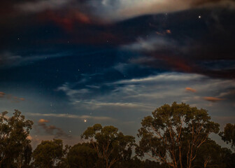 Fototapeta premium The planets align in the sky, looking east, above Warwick, Southern Downs, Queensland, Australia.