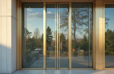 Golden frame on glass door of a hotel or office building outdoors. Blank poster with mock-up space for brand name, logo, logotype or other design elements. Building entrance.