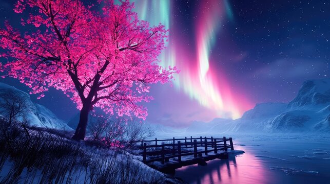 Aurora borealis northern lights concept. Vivid aurora borealis glow above a serene lake with a pink tree and wooden pier at night. - Powered by Adobe