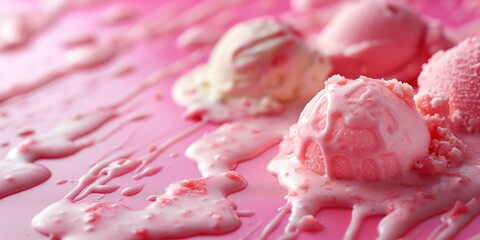 Fototapeta premium Colorful scoops of melting ice cream create a delightful mess on a pink background, evoking summer's sweetness.